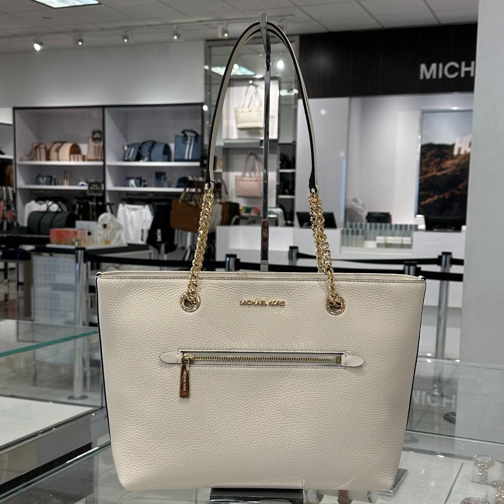 Michael Kors Jet Set Item MD Front Pocket Shoulder Chain Tote Bag Light Cream